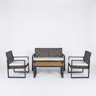 Wicker Patio Conversation Set Designed for Outdoor Living, Acacia Wood Table, Grey Cushions, 4-Piece