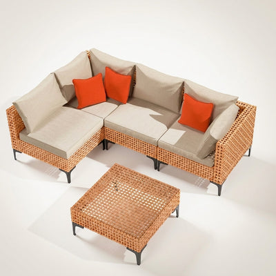 Outdoor Patio Furniture Set Built for Modular Comfort, 5 Piece Sectional, Wicker Construction, Cushions Included