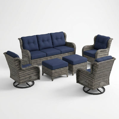 Outdoor Patio Conversation Set Built for All-Weather Use, 6-Piece with Blue Cushions, Steel Frame, Swivel Rockers