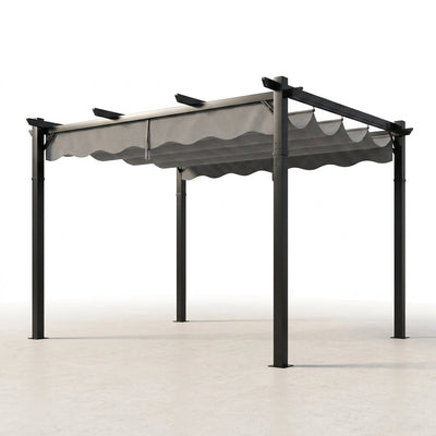 Retractable Pergola Built for Custom Shade, 10x12 Aluminum Frame, Wave-Shaped Canopy, Magnetic Lock