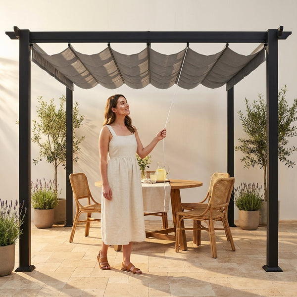 Retractable Pergola Built for Custom Shade, 10x12 Aluminum Frame, Wave-Shaped Canopy, Magnetic Lock