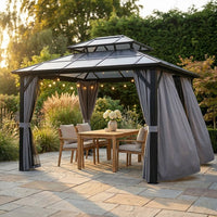12'X10' Hardtop Gazebo, Aluminum Permanent Pavilion with Polycarbonate Double Roof, Removable Curtains & Mosquito Netting for Patio, Garden, Lawn, Upgrade Your Outdoors: Heavy Duty Hardtop Gazebo — Studio Shot