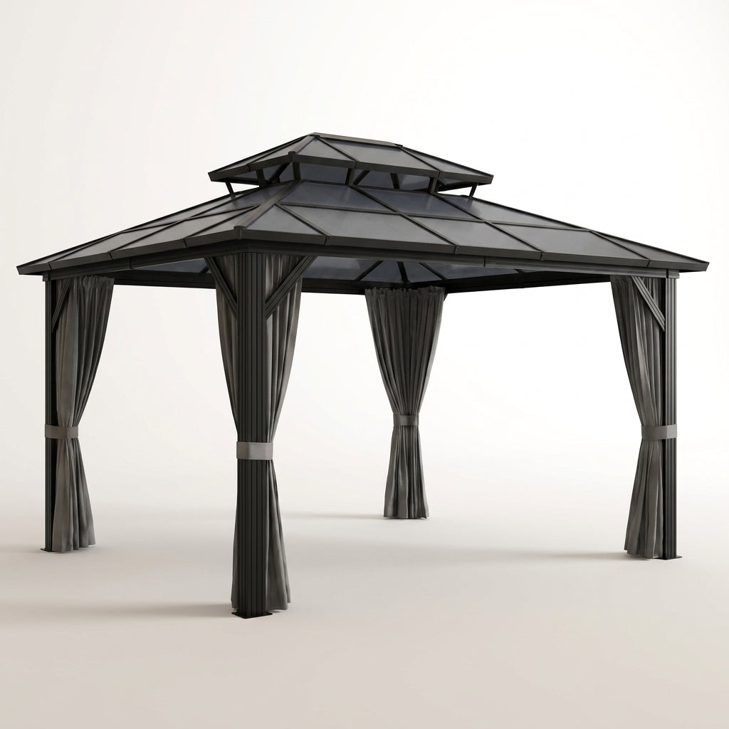 12'X10' Hardtop Gazebo, Aluminum Permanent Pavilion with Polycarbonate Double Roof, Removable Curtains & Mosquito Netting for Patio, Garden, Lawn, Upgrade Your Outdoors: Heavy Duty Hardtop Gazebo — Studio Shot