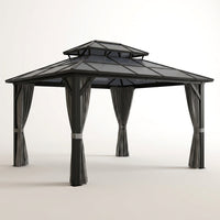 12'X10' Hardtop Gazebo, Aluminum Permanent Pavilion with Polycarbonate Double Roof, Removable Curtains & Mosquito Netting for Patio, Garden, Lawn, Upgrade Your Outdoors: Heavy Duty Hardtop Gazebo — Studio Shot