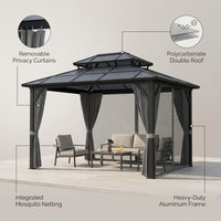 12'X10' Hardtop Gazebo, Aluminum Permanent Pavilion with Polycarbonate Double Roof, Removable Curtains & Mosquito Netting for Patio, Garden, Lawn, Upgrade Your Outdoors: Heavy Duty Hardtop Gazebo — infographic