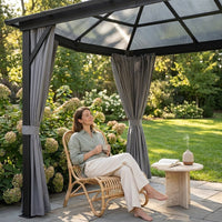 12'X10' Hardtop Gazebo, Aluminum Permanent Pavilion with Polycarbonate Double Roof, Removable Curtains & Mosquito Netting for Patio, Garden, Lawn, Upgrade Your Outdoors: Heavy Duty Hardtop Gazebo — Lifestyle