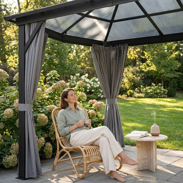 Hardtop Gazebo Built to Weather Any Season, 12x10 Aluminum Frame, Polycarbonate Double Roof, Removable Curtains