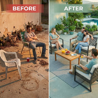 4-Piece Wicker Patio Conversation Set with Cushion, Outdoor Patio Furniture Set with Wood Table Top-Grey Cushions — Before & After
