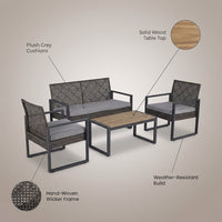 4-Piece Wicker Patio Conversation Set with Cushion, Outdoor Patio Furniture Set with Wood Table Top-Grey Cushions — infographic