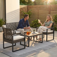 4-Piece Wicker Patio Conversation Set with Cushion, Outdoor Patio Furniture Set with Wood Table Top-Grey Cushions — Lifestyle