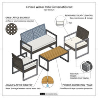 4-Piece Wicker Patio Conversation Set with Cushion, Outdoor Patio Furniture Set with Wood Table Top-Grey Cushions — How It Works