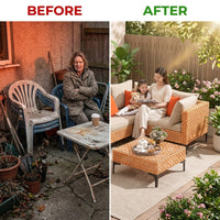 5 Piece Outdoor Patio Furniture Set Modular Outdoor Furniture Set Wicker Outdoor Sectional Sofa with Cushions and Table Patio Set for Balcony Porch Deck Yard ( (Salmon&Orange Wicker, Sand Cushion)) — Before & After