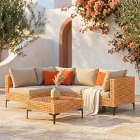 5 Piece Outdoor Patio Furniture Set Modular Outdoor Furniture Set Wicker Outdoor Sectional Sofa with Cushions and Table Patio Set for Balcony Porch Deck Yard ( (Salmon&Orange Wicker, Sand Cushion)) — Studio Shot