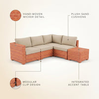 5 Piece Outdoor Patio Furniture Set Modular Outdoor Furniture Set Wicker Outdoor Sectional Sofa with Cushions and Table Patio Set for Balcony Porch Deck Yard ( (Salmon&Orange Wicker, Sand Cushion)) — infographic