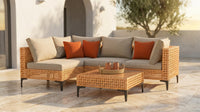 5 Piece Outdoor Patio Furniture Set Modular Outdoor Furniture Set Wicker Outdoor Sectional Sofa with Cushions and Table Patio Set for Balcony Porch Deck Yard ( (Salmon&Orange Wicker, Sand Cushion)) — Lifestyle