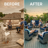 Outdoor Patio Conversation Set Built for All-Weather Use, 6-Piece with Blue Cushions, Steel Frame, Swivel Rockers — Before & After
