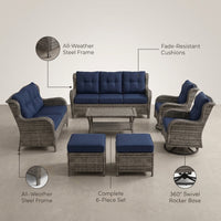 Outdoor Patio Conversation Set Built for All-Weather Use, 6-Piece with Blue Cushions, Steel Frame, Swivel Rockers — infographic
