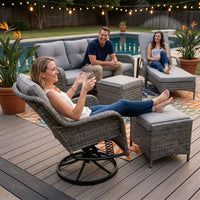 Outdoor Patio Conversation Set Built for All-Weather Use, 6-Piece with Blue Cushions, Steel Frame, Swivel Rockers — Lifestyle