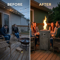 Outdoor Propane Fire Pit, 30000 BTU Column Propane Fire Pit, Wood-Look Surface — Before & After