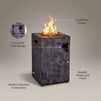 Outdoor Propane Fire Pit, 30000 BTU Column Propane Fire Pit, Wood-Look Surface — infographic
