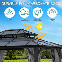 12'X10' Hardtop Gazebo, Aluminum Permanent Pavilion with Polycarbonate Double Roof, Removable Curtains & Mosquito Netting for Patio, Garden, Lawn, Upgrade Your Outdoors: Heavy Duty Hardtop Gazebo