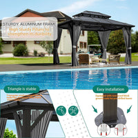 12'X10' Hardtop Gazebo, Aluminum Permanent Pavilion with Polycarbonate Double Roof, Removable Curtains & Mosquito Netting for Patio, Garden, Lawn, Upgrade Your Outdoors: Heavy Duty Hardtop Gazebo